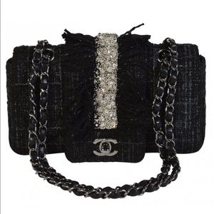 Chanel Black Tweed & Swarovski Crystal Fringe Flap
